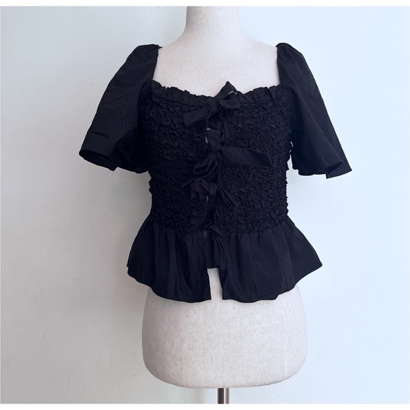 NWT Anthropologie x Mare Mare Bow-Front Tied Bows Blqck Smocked Peplum Blouse S - Picture 2 of 11